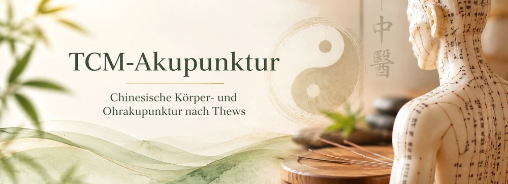 TCM-Akupunktur – Yin-Yang-Zeichen, Akupunkturmodell mit Meridianen und Nadeln