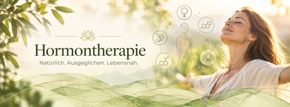 Hormontherapie – Frau in der Natur, umgeben von Symbolen für Hormone und Pflanzenkraft