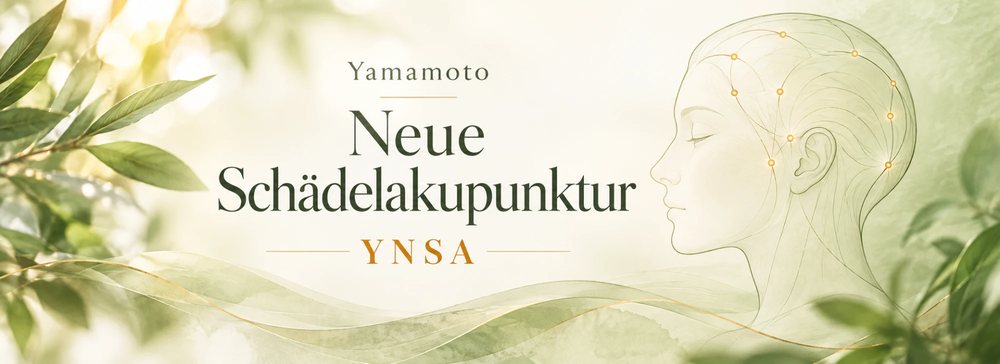 Schriftzug Yamamoto Neue Schädelakupunktur YNSA neben einem Kopfprofil mit Akupunkturpunkten